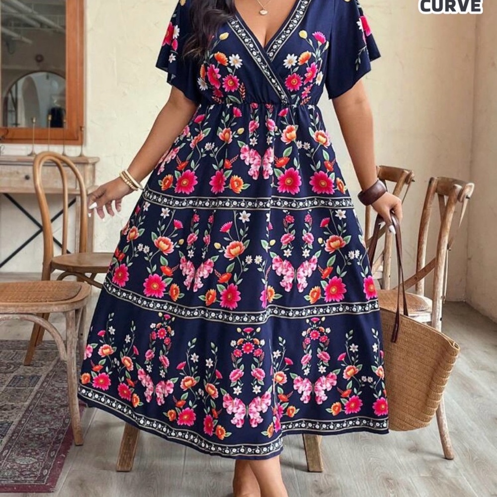 SHEIN Navy and Pink Floral Midi Dress